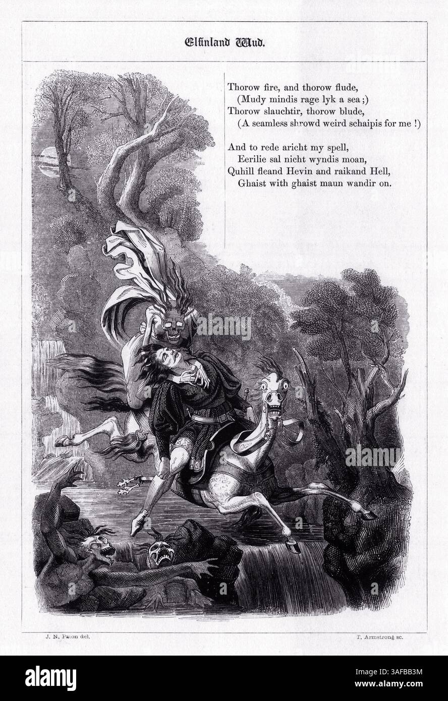 Illustration tirée du livre des ballades britanniques, publié à Londres, 1842, par Jeremiah How. Objet : Elfinland Wud est une ballade gothique de William Motherwell sur un mortel qui pénètre dans un bois mystérieux et enchanté et disparaît. Banque D'Images