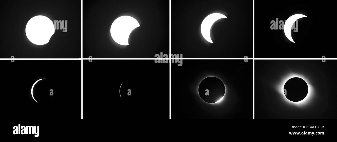 01 août 2008 - Comté de Jinta, Chine - la photo de combinaison montre l'éclipse solaire totale qui s'est produite dans le Comté de Jinta de la ville de Jiuquan, province du Gansu au nord-ouest de la Chine, le 1er août 2008. L’éclipse solaire totale, la première visible en Chine dans le nouveau siècle, s’est produite vendredi (crédit image : ZUMA Press/ZUMAPRESS.com) Banque D'Images