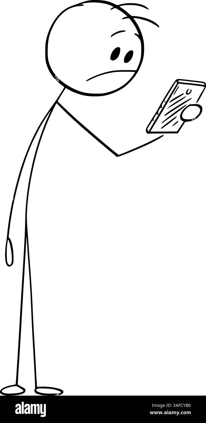 Personne frustrée ou triste regardant le téléphone portable, la figure de bâton de dessin animé vectoriel ou l'illustration de personnage. Illustration de Vecteur