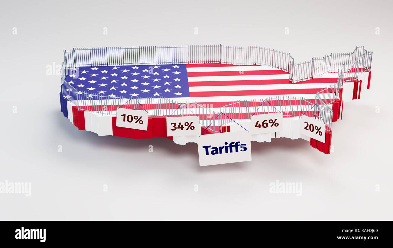 Concept : protectionnisme commercial par les États-Unis d'Amérique en appliquant des tarifs douaniers le jour de la libération. Une clôture de sécurité construite autour d'une carte du U. Banque D'Images