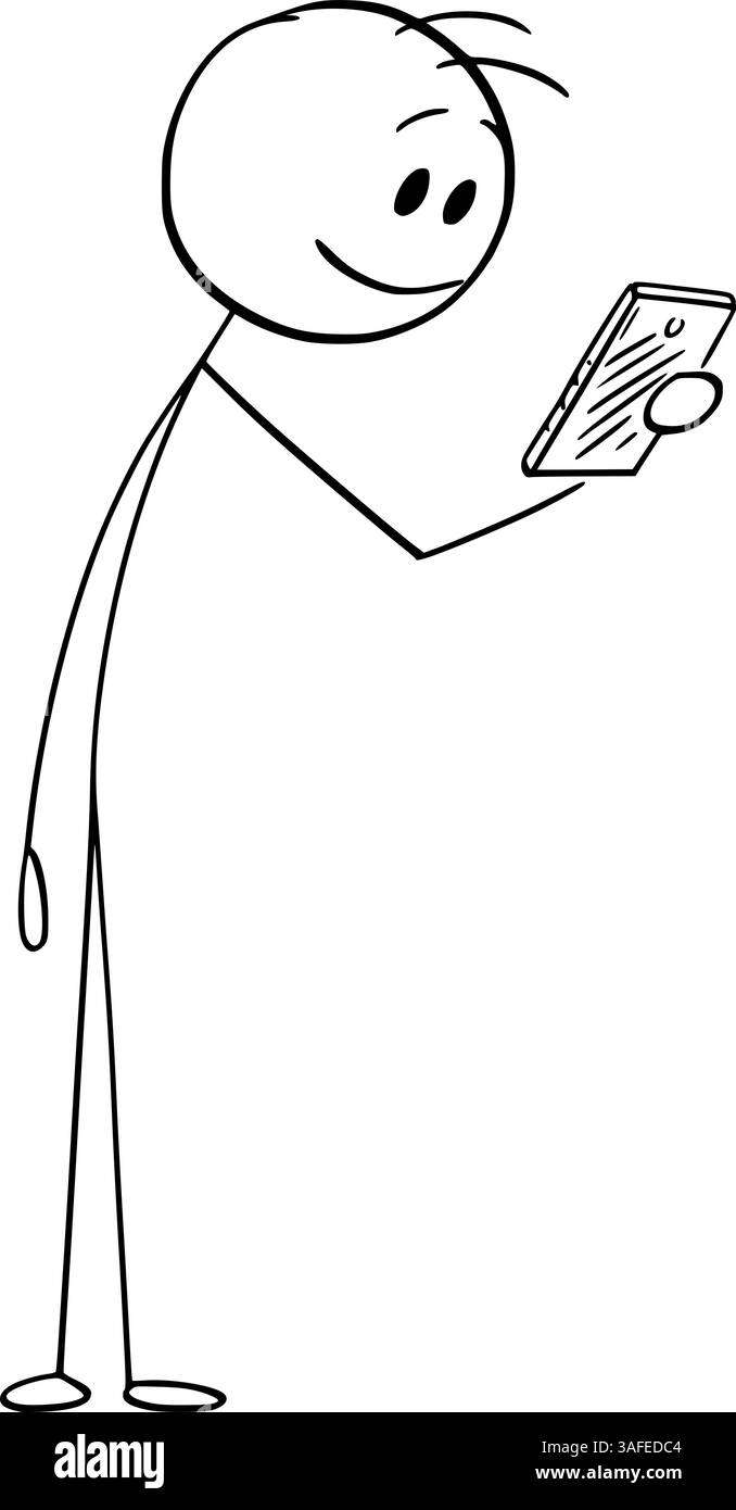 Personne souriante heureuse regardant le téléphone portable , figure de bâton de dessin animé vectoriel ou illustration de personnage. Illustration de Vecteur