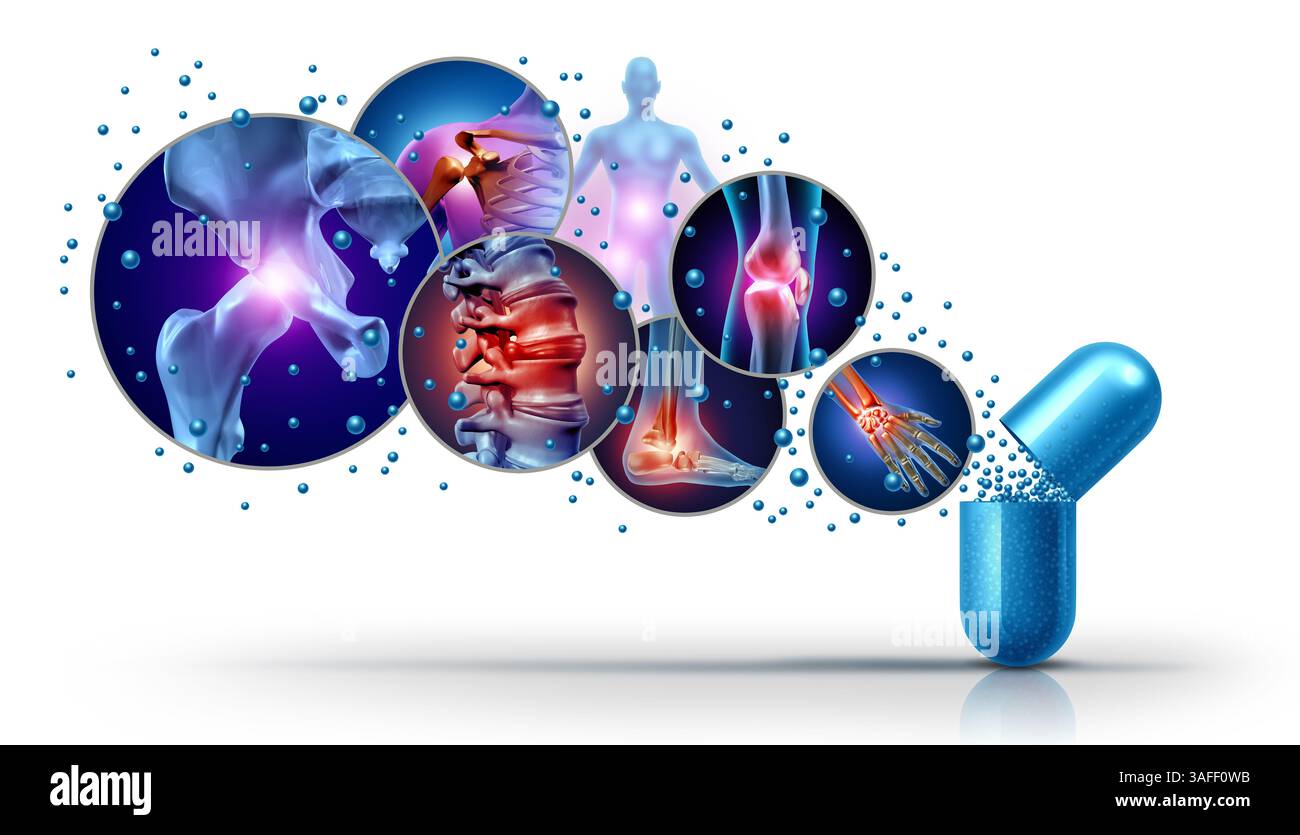 Médicament contre la douleur articulaire ou médicaments articulaires et blessure douloureuse ou pilule d'arthrite pour les soins de santé avec des pilules pharmaceutiques régénératives pour le thera médical Banque D'Images