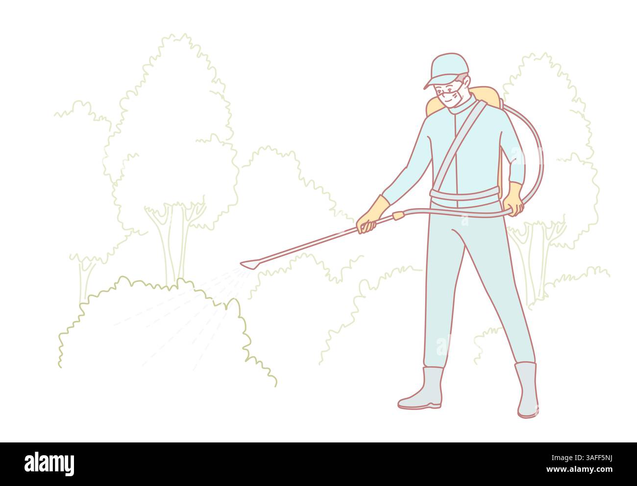 Un professionnel de la lutte antiparasitaire pulvérisant méthodiquement des pesticides dans un environnement de jardin vibrant et luxuriant Illustration de Vecteur