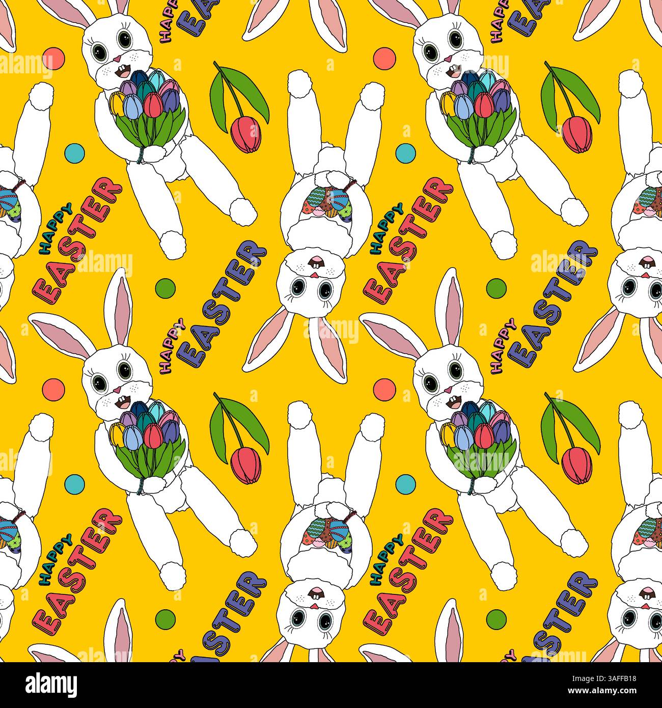 Motif sans couture ludique avec d'adorables personnages anthropomorphes - lapins de Pâques tenant des tulipes et des œufs décorés sur un fond jaune. Illustration de Vecteur