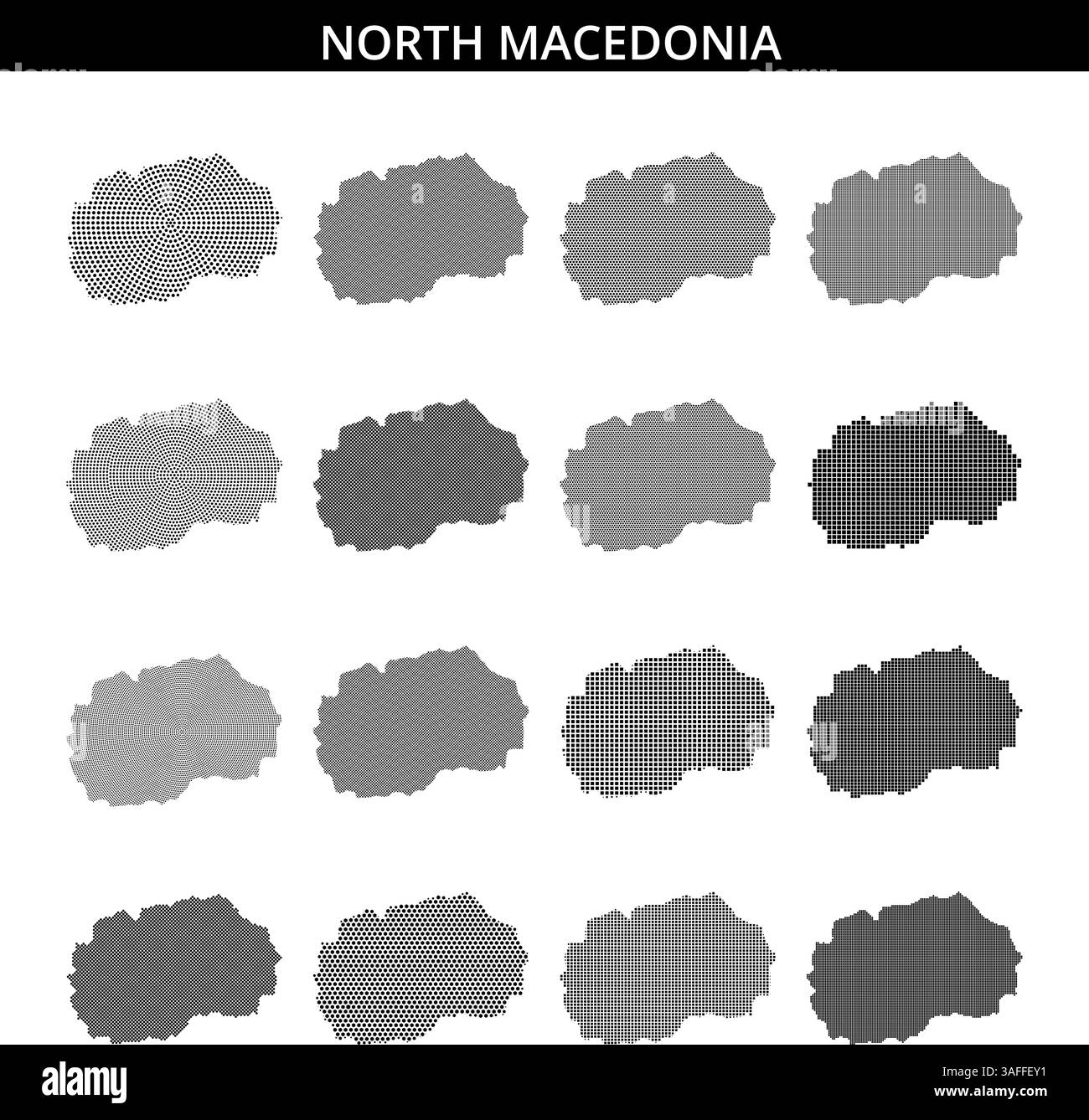 Représentation détaillée de la Macédoine du Nord mettant en valeur sa forme et les zones environnantes, avec des motifs de points spectaculaires soulignant les régions clés. Illustration de Vecteur