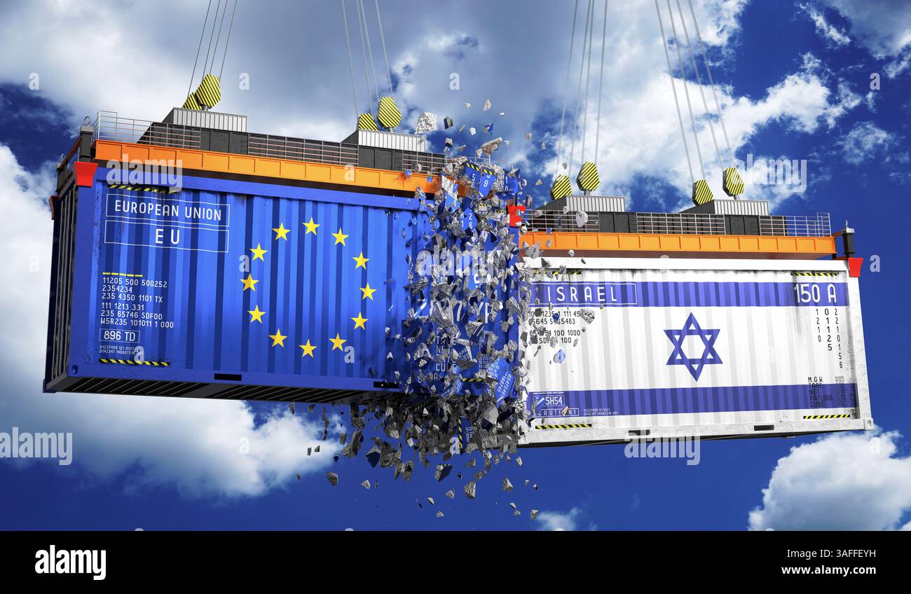 Conteneurs de fret avec drapeaux de l'Union européenne et d'Israël - illustration 3D. Banque D'Images