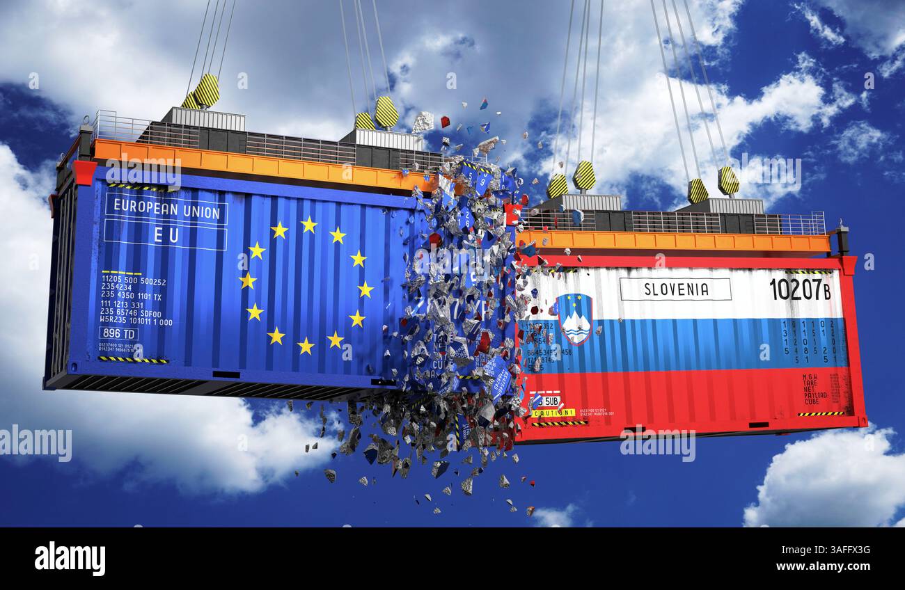 Conteneurs de fret avec pavillons de l'Union européenne et de la Slovénie - illustration 3D. Banque D'Images