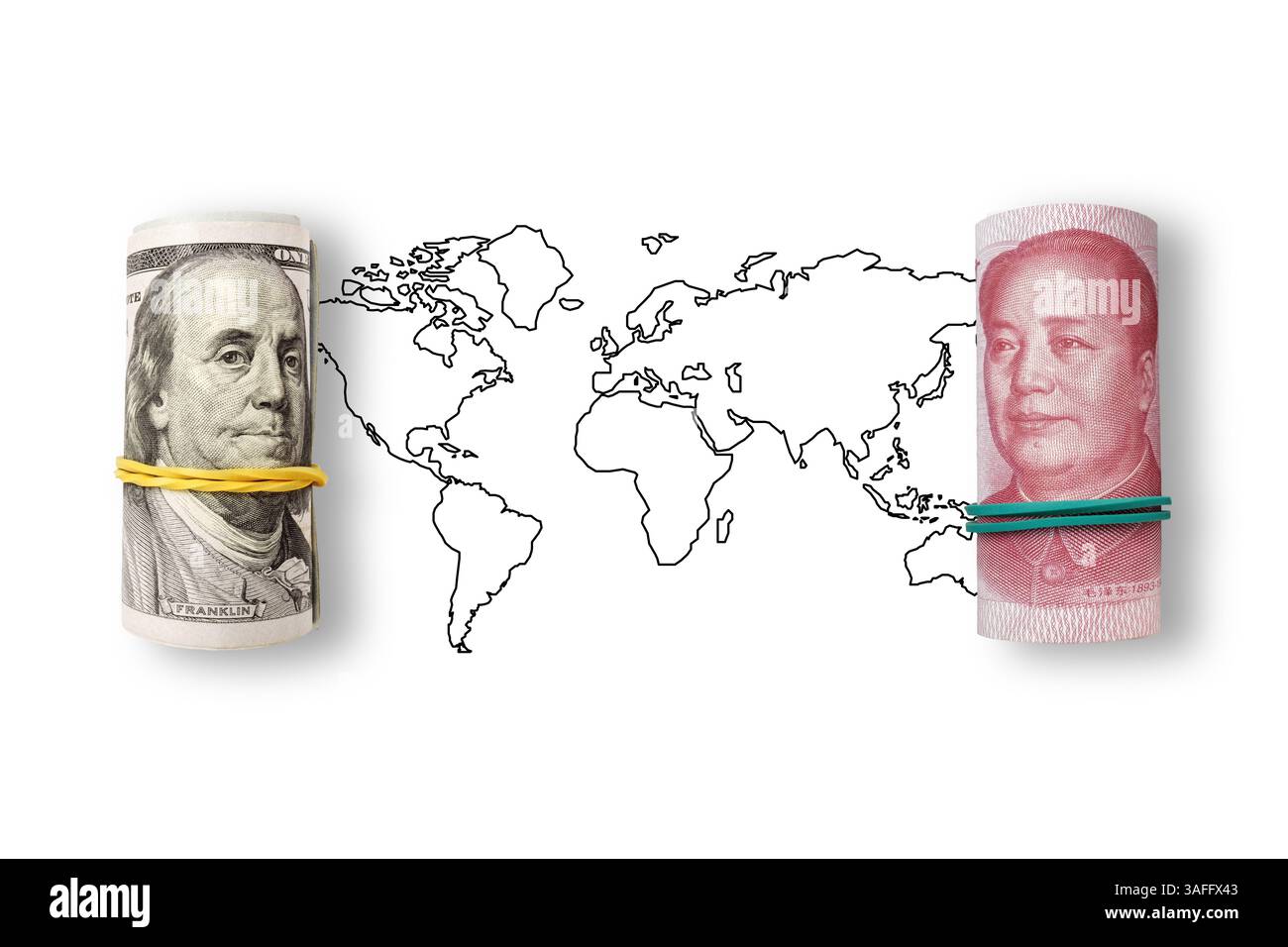 100 dollars et 100 yuans sur fond blanc. Guerre commerciale et douanière ENTRE LES ÉTATS-UNIS et la Chine. Crise économique, inflation et prix des matières premières concept Banque D'Images