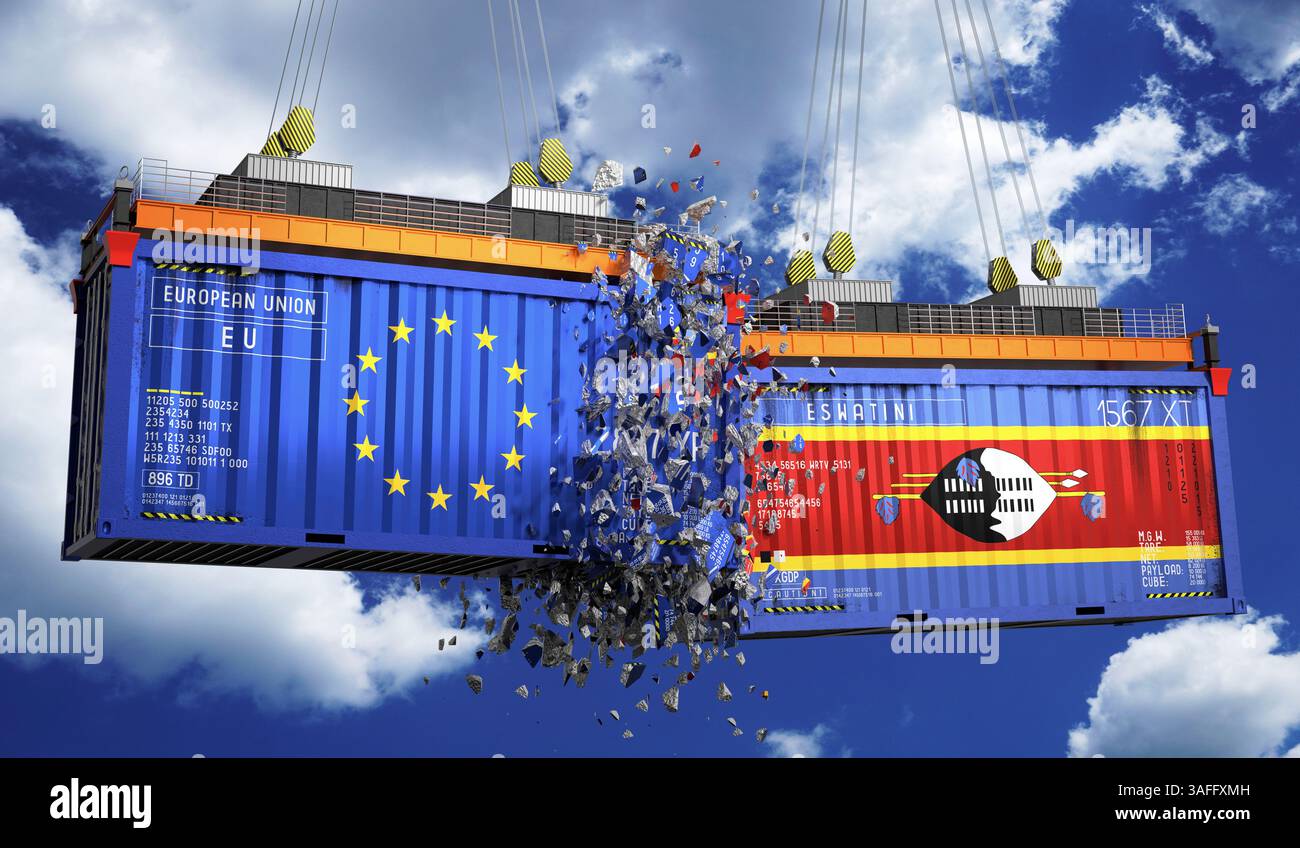 Conteneurs de fret avec drapeaux de l'Union européenne et de l'Eswatini - illustration 3D. Banque D'Images