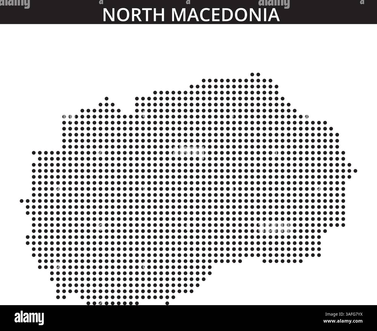 Représentation détaillée de la Macédoine du Nord mettant en valeur sa forme et les zones environnantes, avec des motifs de points spectaculaires soulignant les régions clés. Illustration de Vecteur