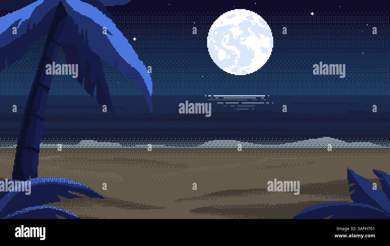 Paysage de plage de nuit avec palmier et lune, fond d'art pixel. toile de fond 2d dans le style de jeu vidéo rétro 8 bits Illustration de Vecteur