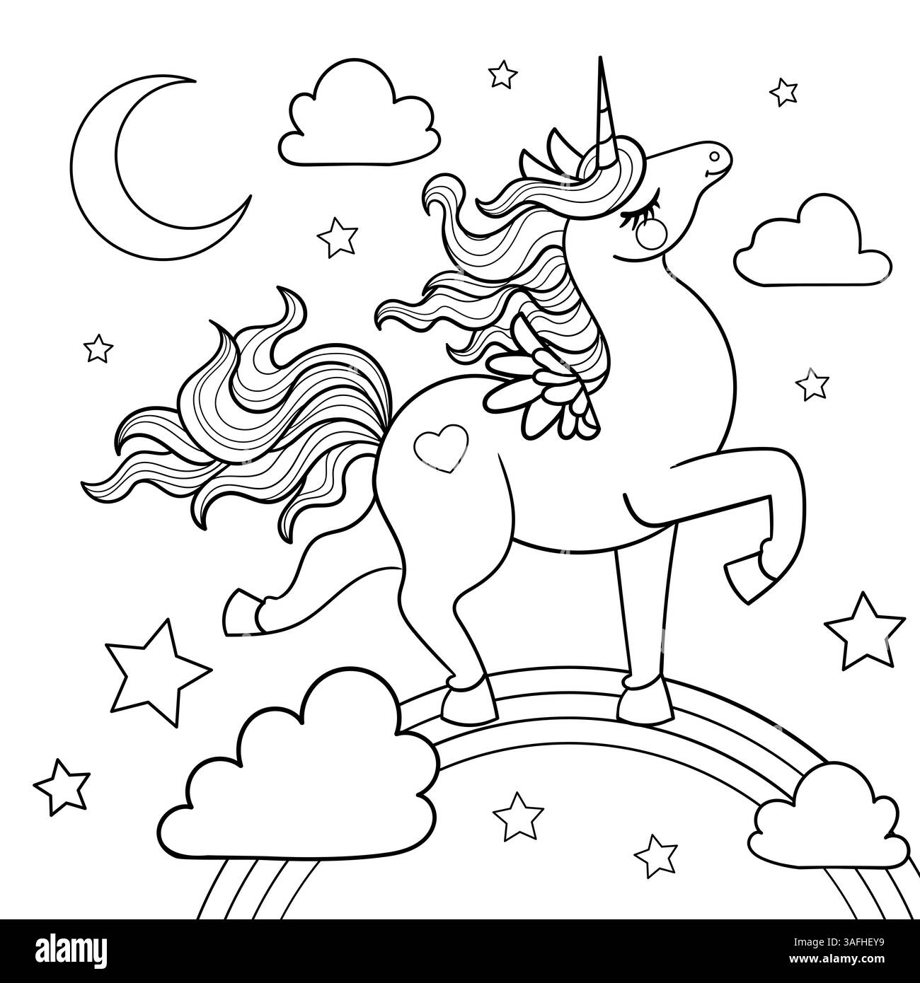 Licorne de dessin animé marchant sur un arc-en-ciel. Dessin linéaire noir et blanc. Isolé sur fond blanc. Pour la conception pour enfants de livres de coloriage, impressions, Illustration de Vecteur