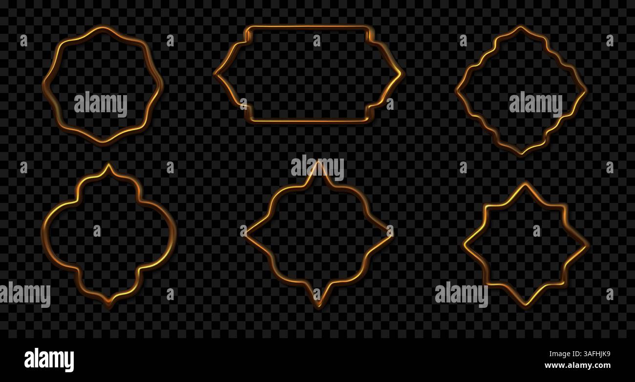 Cadre en or. Forme arabe dorée du Ramadan en 3D, ornement islamique raya pour fenêtre en métal brillant de mosquée, arche arabe du Moyen-Orient. Modèle de décoration de bannière festive avec espace de copie. Icône isolée vectorielle Illustration de Vecteur