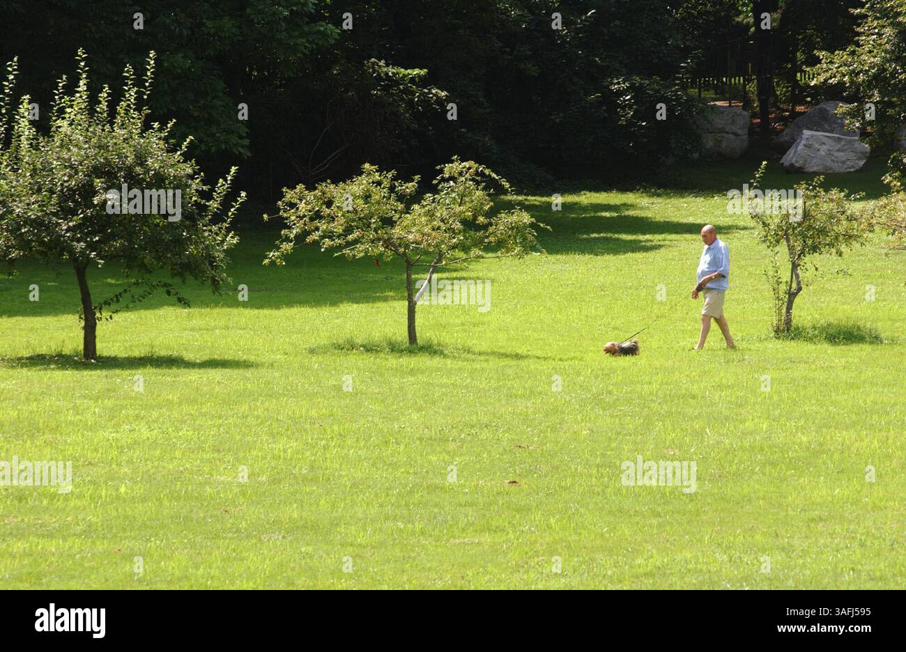 Un homme promène son chien près de l'Institut national de la santé à Bethesda, MD, le dimanche 17 août 2003. Le NIH a renforcé la sécurité sur et autour de son campus, y compris la construction de plus de clôtures, mais permet toujours aux résidents voisins d'utiliser les espaces verts près de Old Georgetown Road, comme le montre la photo. (Crédit image : The Washington Times/ZUMAPRESS.com) Banque D'Images