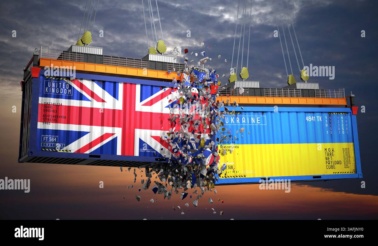 Conteneurs de fret avec drapeaux du Royaume-Uni et de l'Ukraine - illustration 3D. Banque D'Images