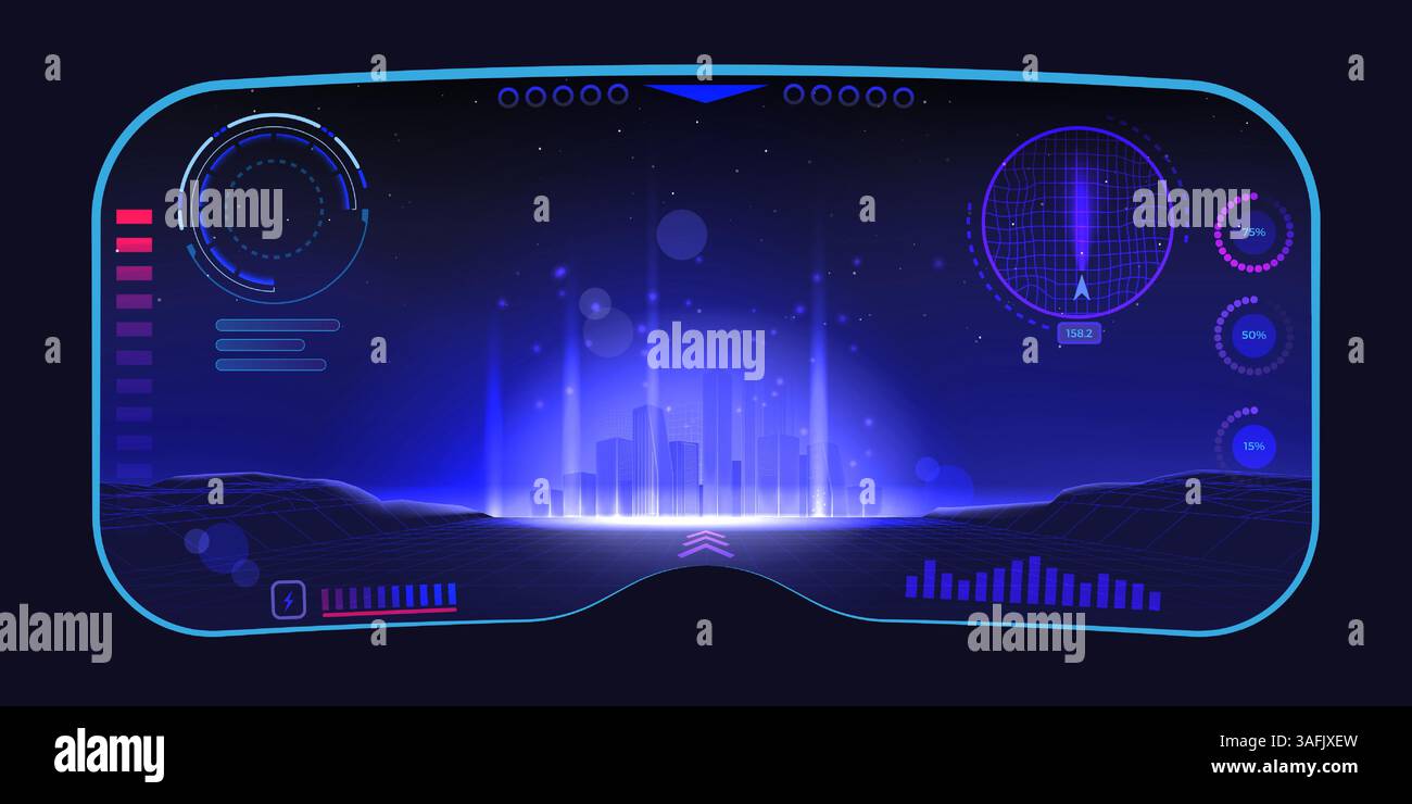 Métaverse en VR. Monde virtuel du futur. Réalité numérique avec technologie de ville AR ou jeu 3D. Technologie néon IA. NFT augmenté. Interface hologramme lumineuse. Vue du cyberespace à travers des lunettes. Fond vectoriel Illustration de Vecteur