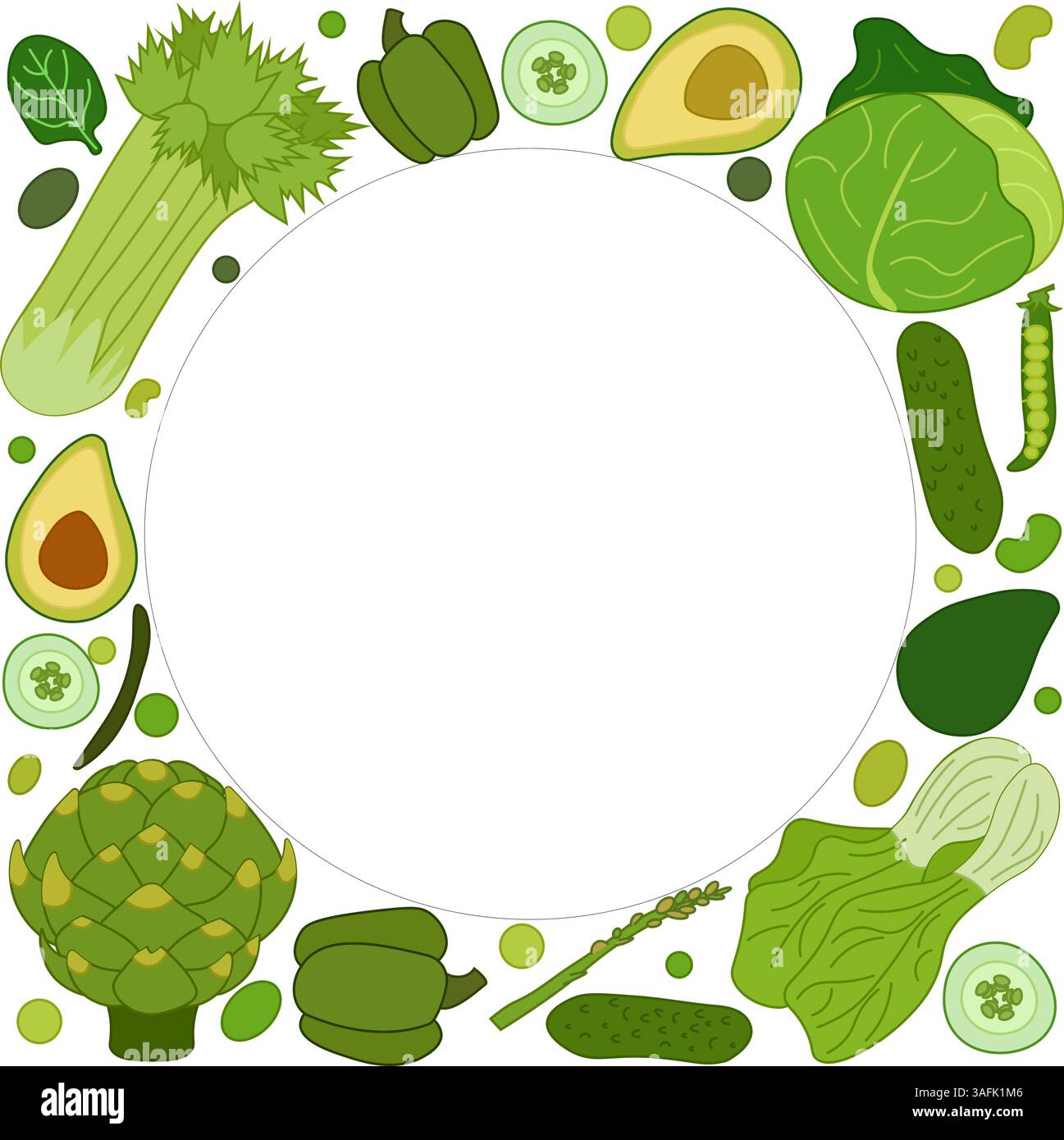 Cadre de cercle de légumes verts en carré. Modèle plat vectoriel pour le texte. Nourriture végétarienne saine. Bannière, affiche, papier d'emballage, autocollant, impression, moder Illustration de Vecteur