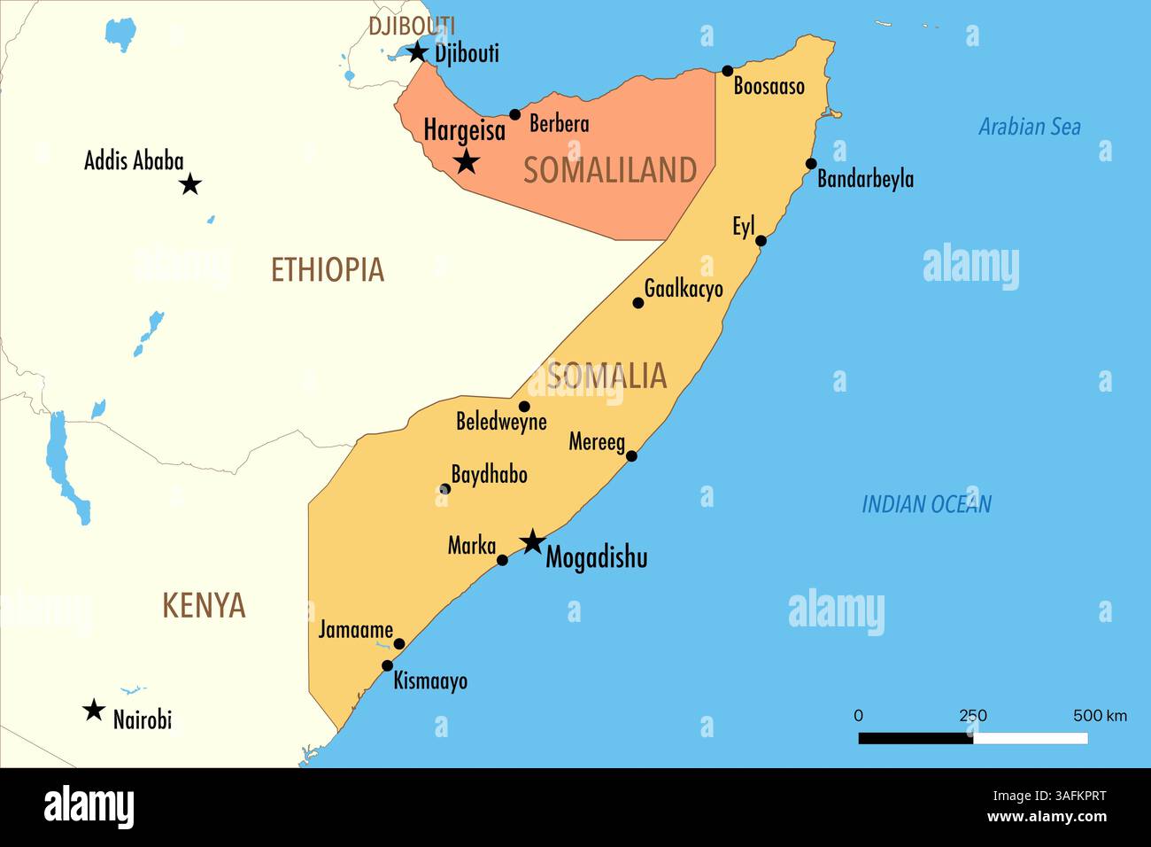 Carte de la Somalie et du Somaliland avec les grandes villes et les pays voisins Banque D'Images