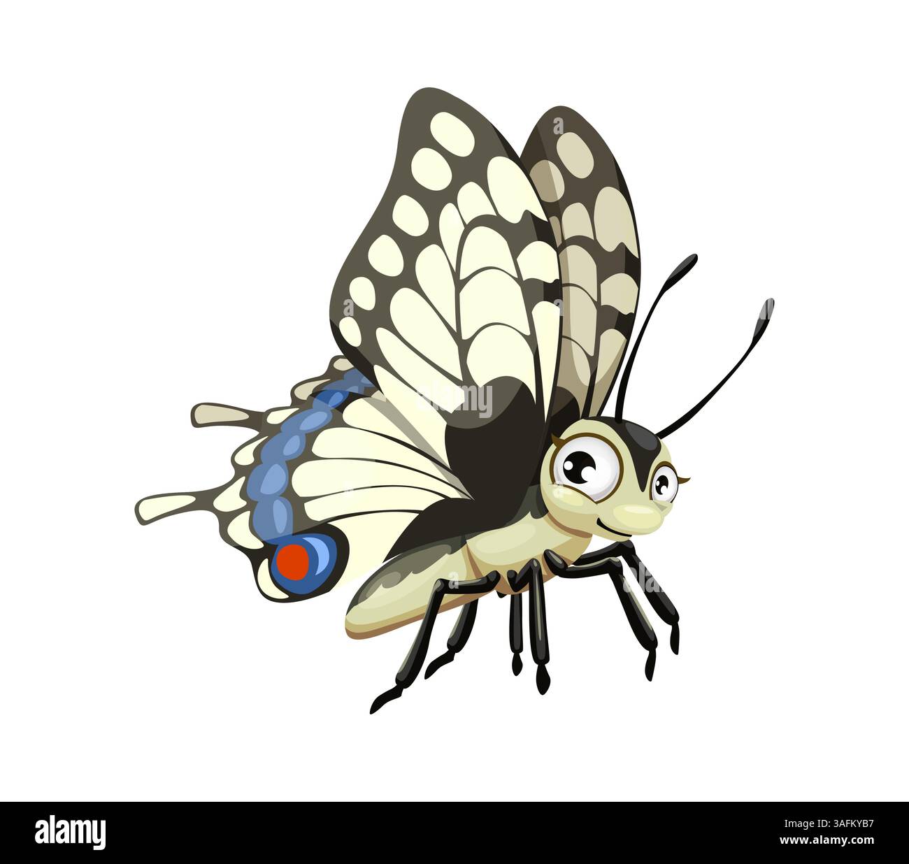 Dessin animé drôle personnage d'insecte papillon à queue d'aronde avec de grands yeux expressifs et des ailes à motifs dans les tons de crème, noir et bleu avec des accents rouges. Personnage de papillon joyeux vecteur isolé Illustration de Vecteur Dessin animé drôle personnage d'insecte papillon à queue d'aronde avec de grands yeux expressifs et des ailes à motifs dans les tons de crème, noir et bleu avec des accents rouges. Personnage de papillon joyeux vecteur isolé Illustration de Vecteur