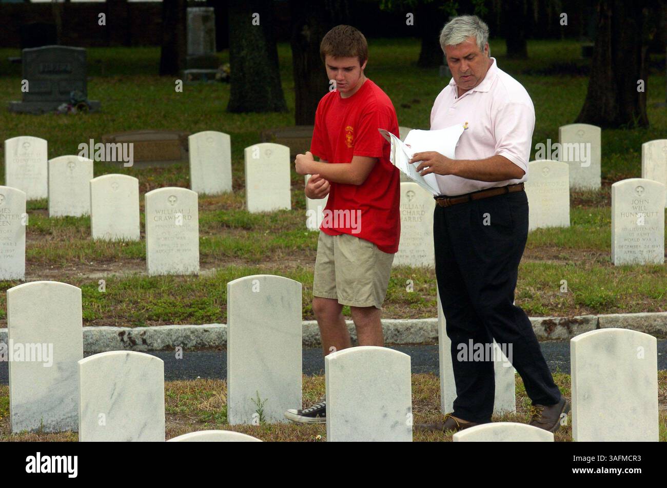 2) John Riley (cq / 14 ans.old / en chemise rouge) et son père, Brian Riley (cq de John), ont été arrêtés par le cimetière de la Légion américaine du comté de Hillsborough, qui est adjacent à la Légion américaine, USS Tampa Post No 5, lundi (4/12/04) pour vérifier quelques-unes des listes funéraires du projet de John. John travaille sur son Boy Scout Eagle Project qui aide la Légion américaine, l'USS Tampa Post No 5 situé à l'angle de Kennedy Blvd. Et Dale Mabry à Tampa. Le projet de John sera de réconcilier manuellement toutes les tombes du cimetière de la Légion américaine du comté de Hillsborough, adjac Banque D'Images