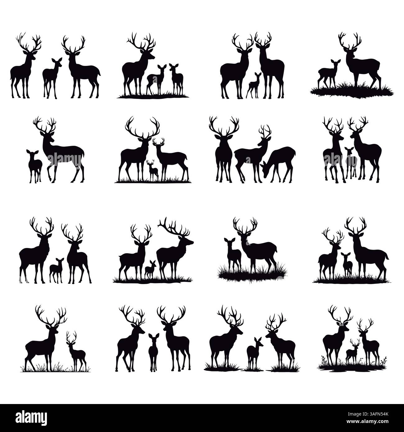 Superbes silhouettes noires de divers cerfs aimables chevreuils, femelles et mâles sauvages Illustration de Vecteur