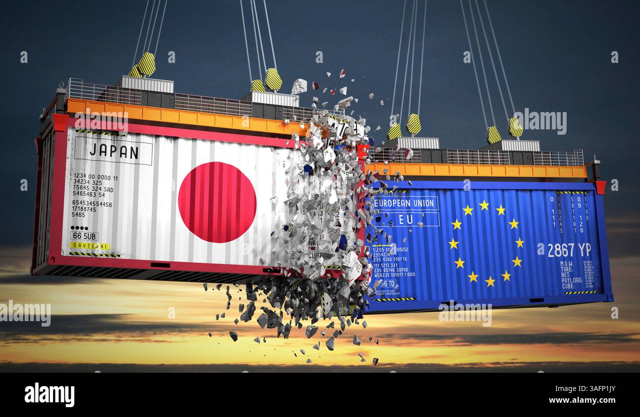 Conteneurs de fret avec pavillons du Japon et de l'Union européenne - illustration 3D. Banque D'Images