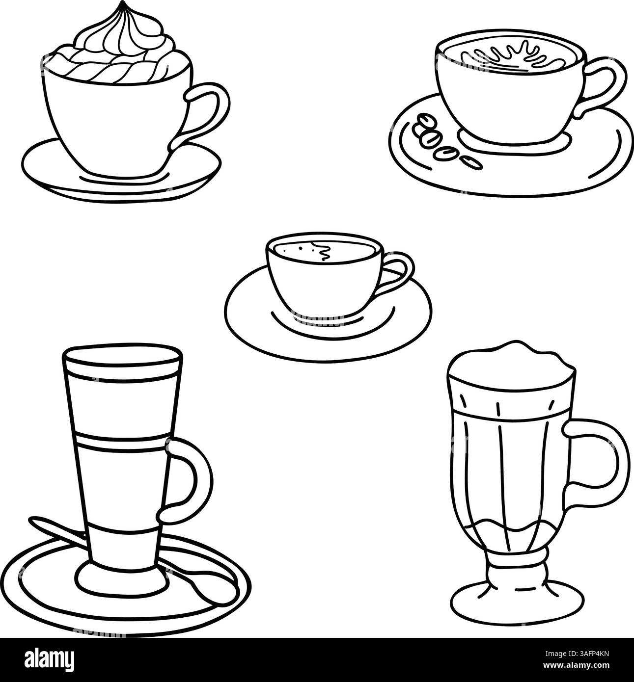 Service à café. Cappuccino, Americano ou Espresso, avec des tasses à cocktail crème fouettée, Latte, Irlandais ou Iced Coffee. Dessin à l'encre dans le style Doodle. Idéal pour Illustration de Vecteur Service à café. Cappuccino, Americano ou Espresso, avec des tasses à cocktail crème fouettée, Latte, Irlandais ou Iced Coffee. Dessin à l'encre dans le style Doodle. Idéal pour Illustration de Vecteur