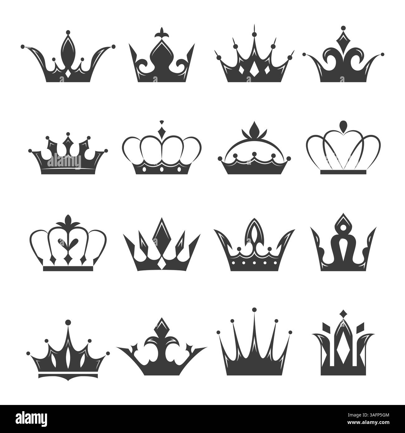 Collection de silhouettes de couronne noire dans divers designs élégants. Ensemble symbole de luxe de couronne héraldique Illustration de Vecteur