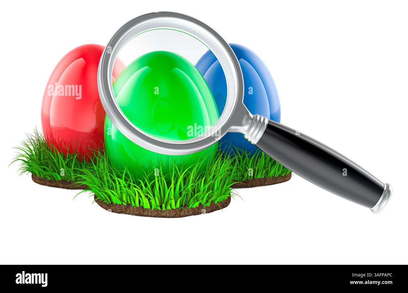 Chasse aux œufs, concept. Oeufs de Pâques avec loupe. Rendu 3D isolé sur fond blanc Banque D'Images