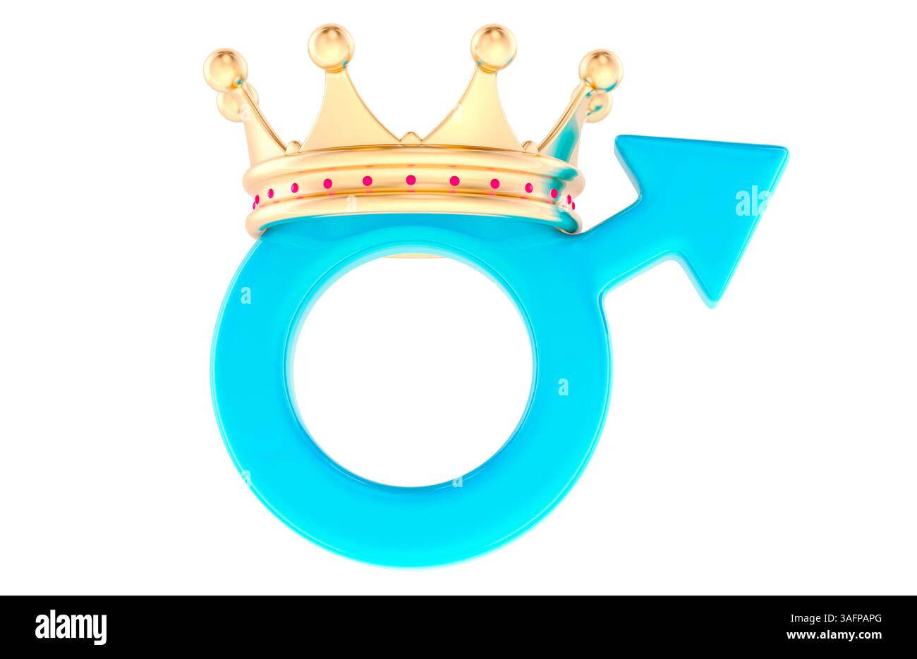 Symbole de genre masculin avec couronne dorée. Rendu 3D isolé sur fond blanc Banque D'Images