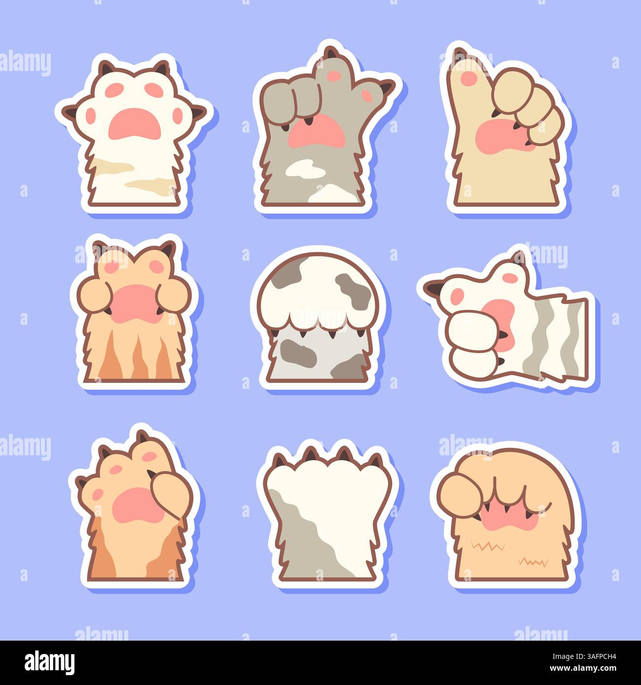 Ensemble de pattes de chat de dessin animé dans diverses positions, comme illustrations de style autocollant sur un fond pastel Illustration de Vecteur