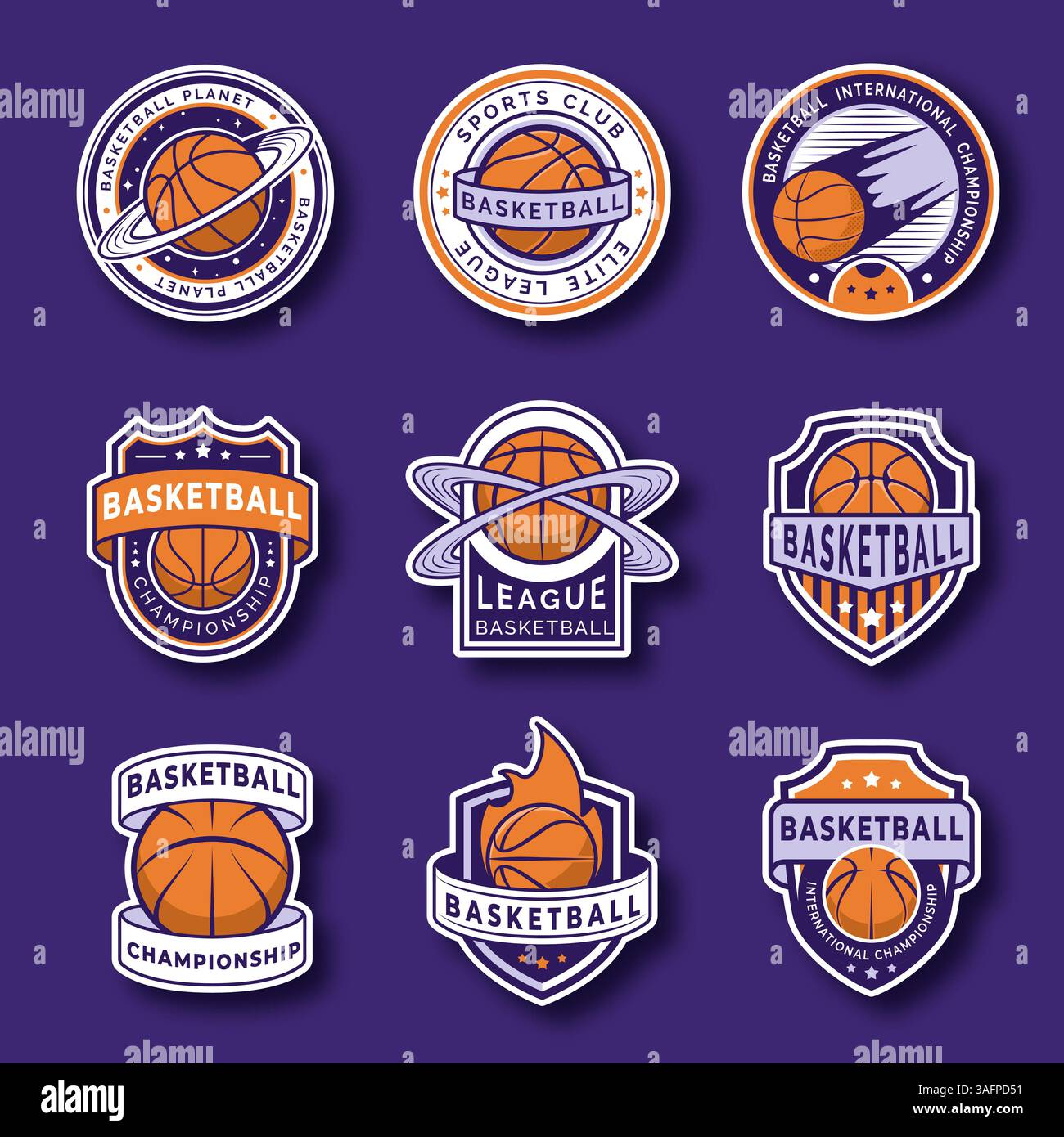 Collection de badges de basket-ball avec divers logos sportifs, typographie audacieuse et éléments dynamiques Illustration de Vecteur