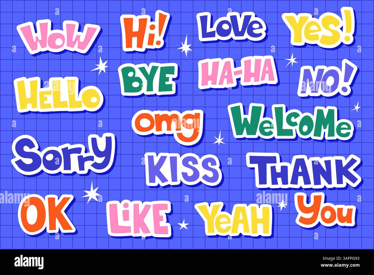 Ensemble de mots colorés de style autocollant avec une typographie en gras sur un fond bleu. Médias sociaux, concept d'applications de messagerie Illustration de Vecteur