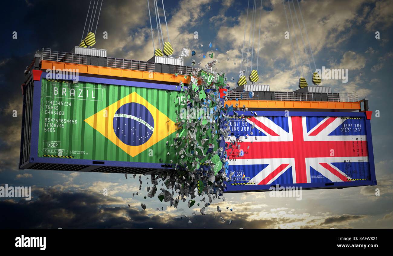 Conteneurs de fret avec drapeaux du Brésil et du Royaume-Uni - illustration 3D. Banque D'Images