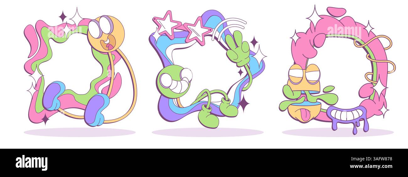 Cadres psychédéliques abstraits ensemble isolé sur fond blanc. Illustration de dessin animé vectoriel de bordures de couleur décorées avec des personnages et des étoiles emoji souriants fous, des modèles d'affiche de conception groovy Illustration de Vecteur
