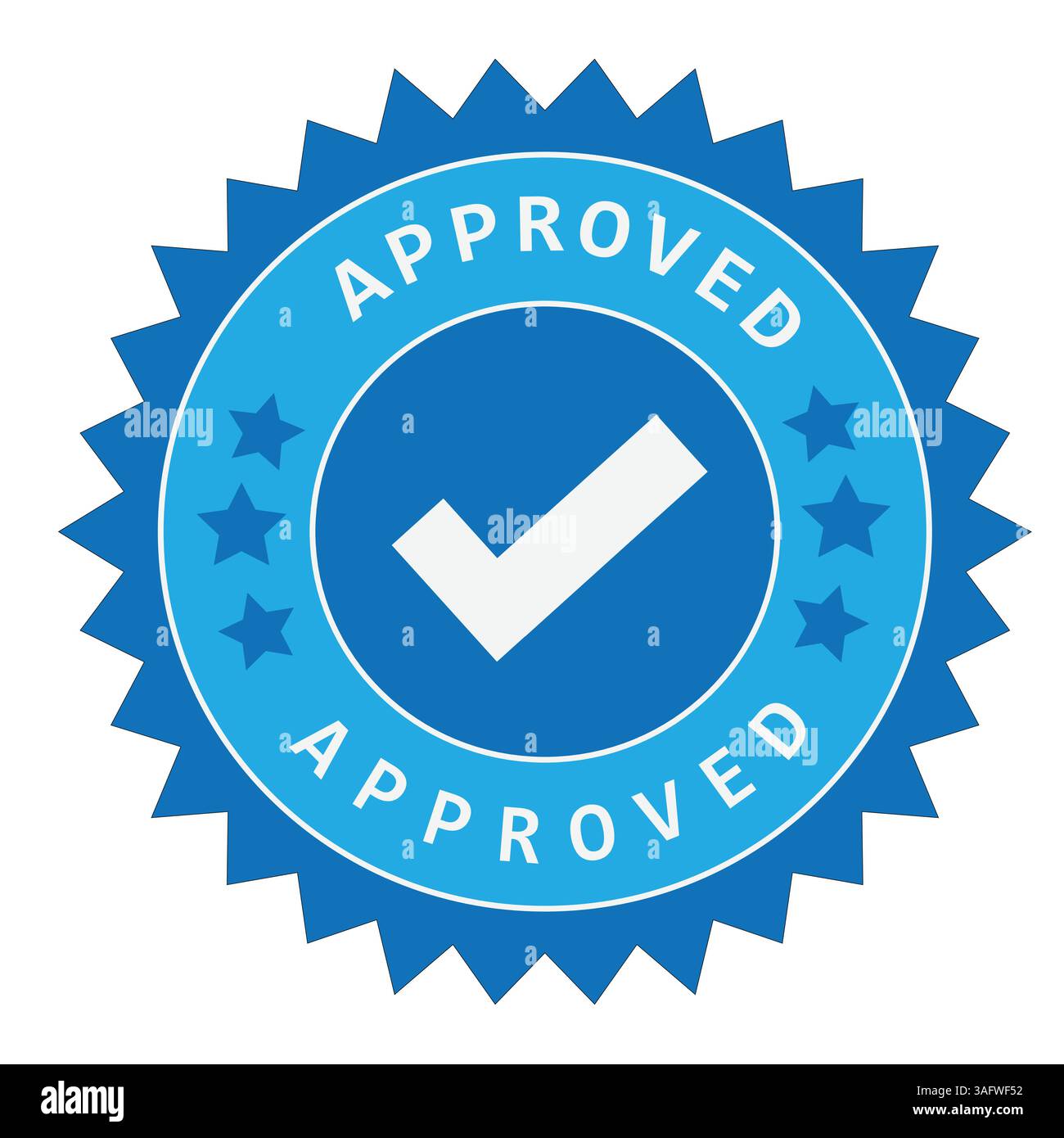 Badge approuvé bleu sceau de coche blanc avec des accents d'étoile et un bord dentelé Illustration de Vecteur