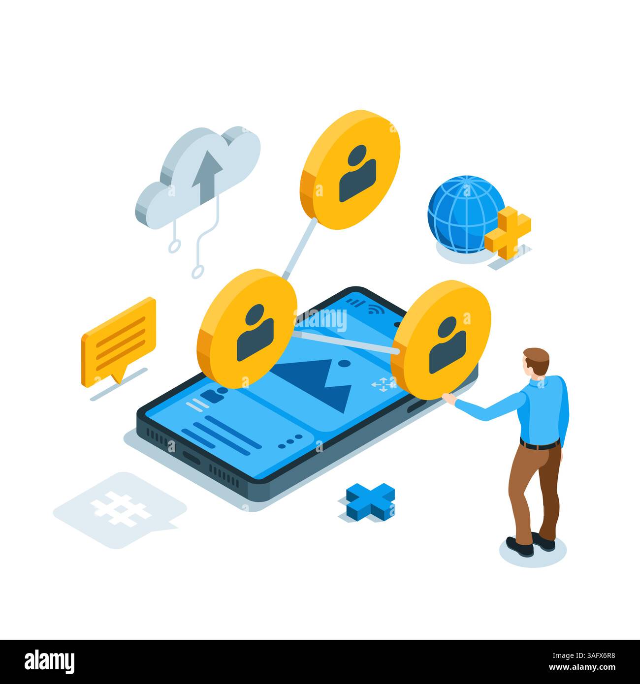 homme isométrique près de smartphone et icônes utilisateur en couleur, réseaux sociaux ou connexions internet, distribution via des liens utilisateurs Illustration de Vecteur