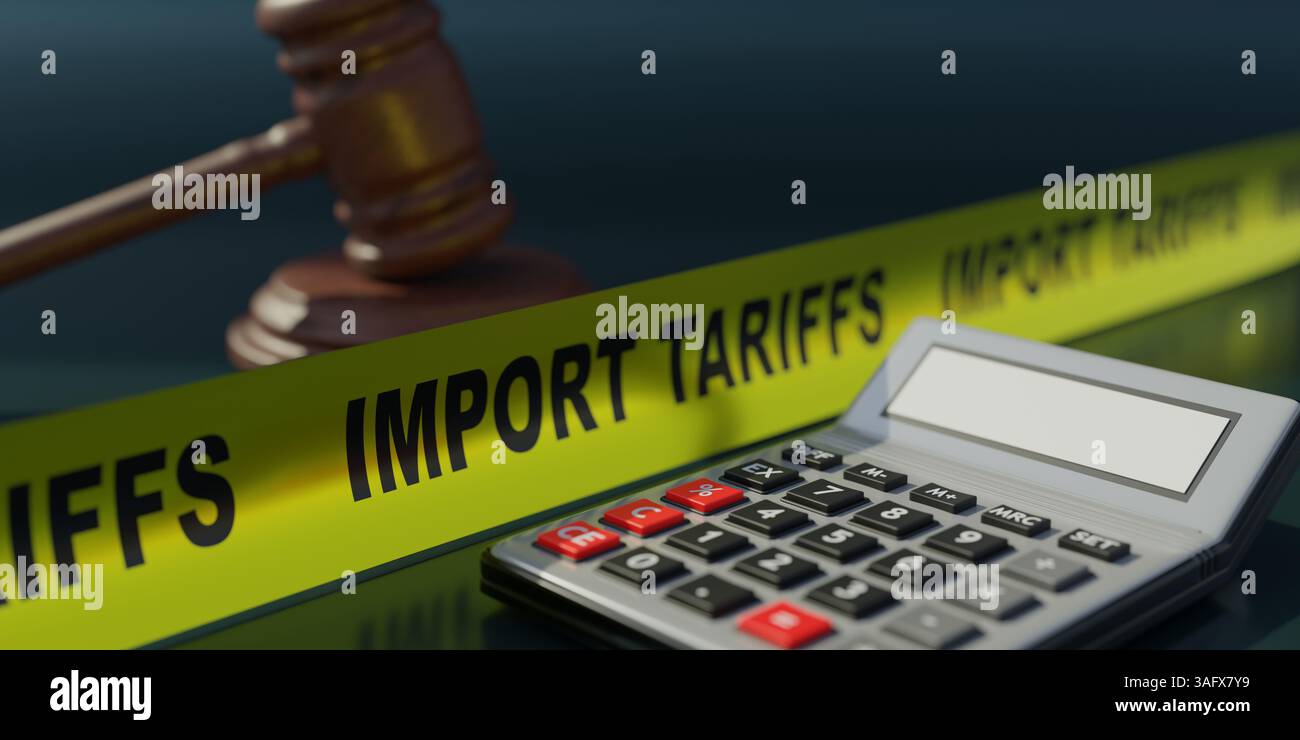 Ruban jaune pour le texte des tarifs d'importation. Augmentation tarifaire, concept de guerre commerciale. rendu 3d. Banque D'Images