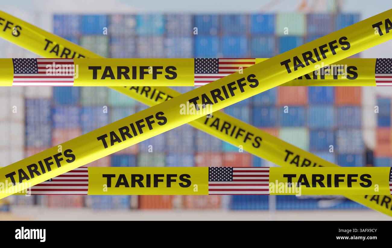 Texte des tarifs et drapeau américain sur ruban jaune. Augmentation des droits d'importation, concept de guerre commerciale. rendu 3d. Banque D'Images