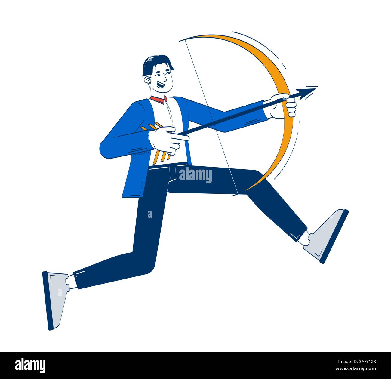 Jeune homme d'affaires coréen excité visant flèche avec arc 2D doodle caractère Illustration de Vecteur