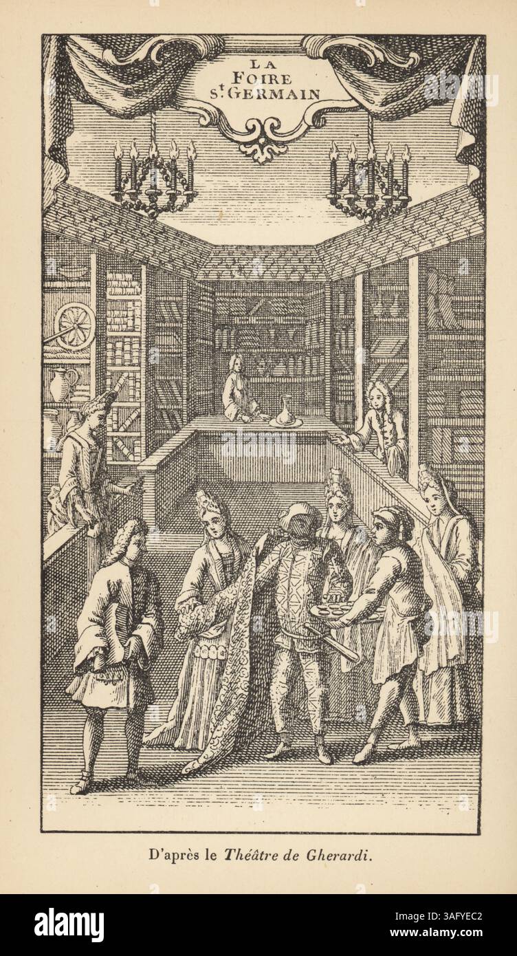 Cafés dans la foire de Saint Germain, Paris, XVIIIe siècle. Les hommes et les femmes se tiennent au comptoir des minuscules cabines de café. Un homme offre un plateau de pâtisseries à un arlequin vêtu d'un riche manteau de brocart par trois femmes de ménage. D'après une gravure dans le Théâtre italien d'Evaristo Gherardi, 1717. D'apres le Theatre de Gherardi. Gravure sur bois de la vie prive d'autrefois d'Alfred Franklin, vie privée des temps passés, E. Plon, nourrit et CO, Paris, 1893. Banque D'Images