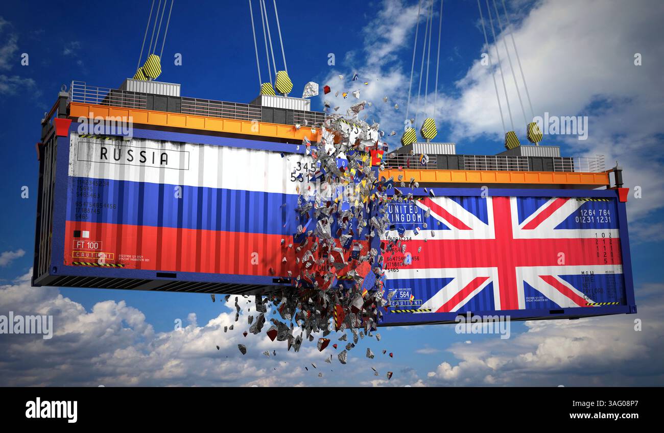 Conteneurs de fret avec drapeaux de la Russie et du Royaume-Uni - illustration 3D. Banque D'Images