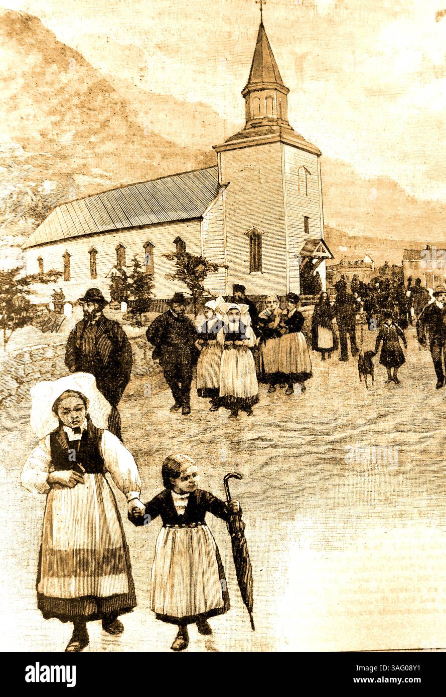 Une image du XIXe siècle montrant des habitants quittant l'église d'Odde (Odda) Norvège. - Et bilde fra 1800-tallet som viser lokalbefolkningen forlate kirken i Odde (Odda) Norge. - Banque D'Images