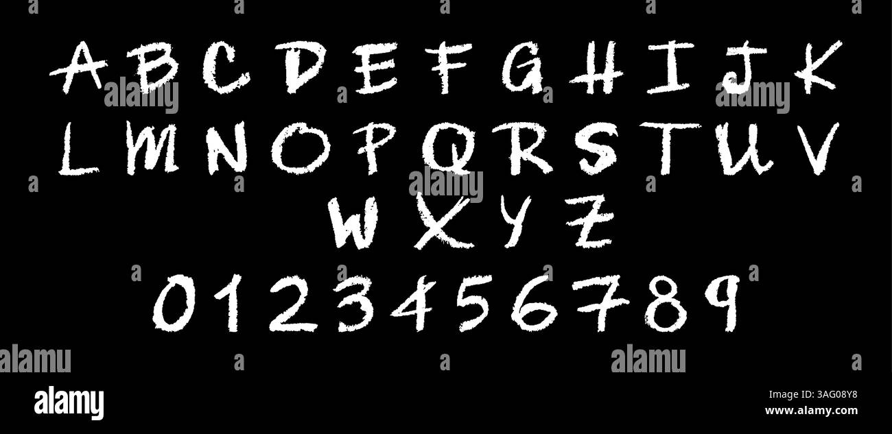 Alphabet anglais et chiffres 0-9, dessinés à la main dans un crayon de cire blanc ou de craie style sur une planche. Effet surligneur, parfait pour le dessin de maternelle Illustration de Vecteur