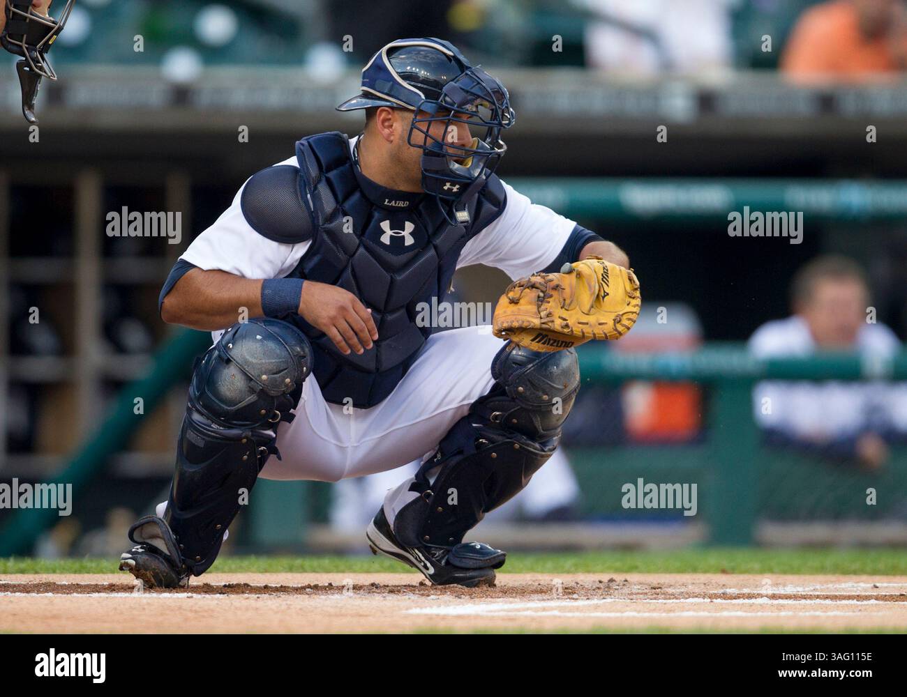 21 août 2012 : Gerald Laird (9 ans), le receveur des Tigers de Detroit, lors d'un match de la MLB entre les Blue Jays de Toronto et les Tigers de Detroit au Comerica Park à Detroit, Michigan. Les Tigres ont battu les Blue Jays 5-3 (crédit image : © John Mersits/Cal Sport Media/ZUMAPRESS.com) Banque D'Images