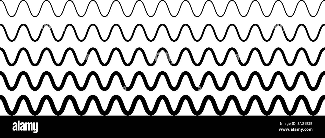 Bandes ondulées horizontales de différentes épaisseurs. Lignes sinus ou cosinus. Bordures ondulées. Symboles d'eau, de fluide, d'air ou de vent. Signes de rivière, de mer, de lac ou d'océan. Illustration graphique vectorielle. Illustration de Vecteur