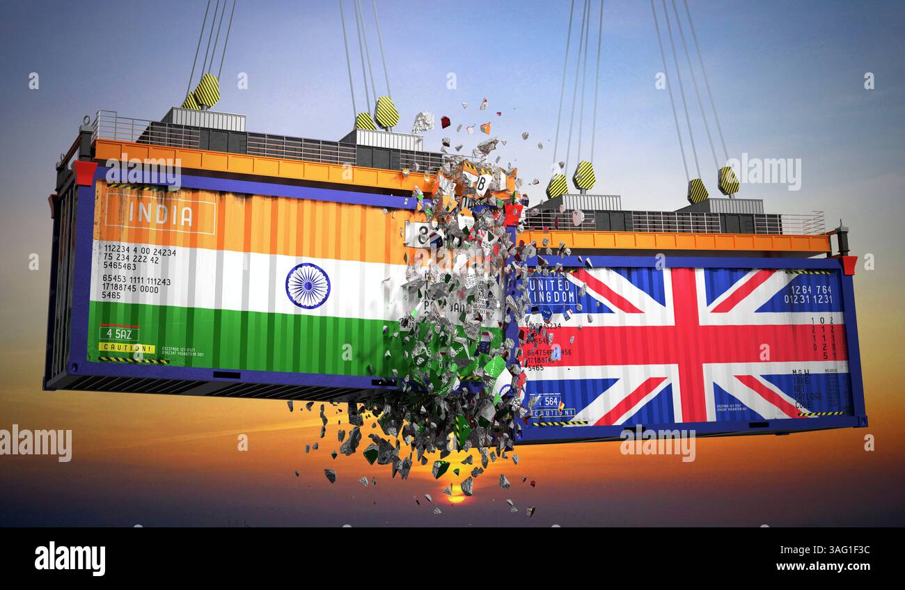 Conteneurs de fret avec drapeaux de l'Inde et du Royaume-Uni - illustration 3D. Banque D'Images