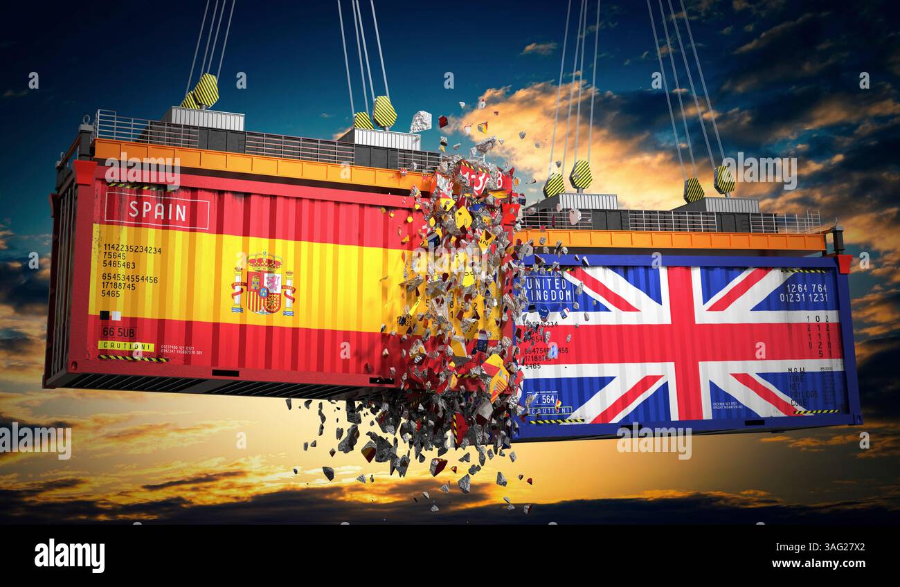 Conteneurs de fret avec drapeaux de l'Espagne et du Royaume-Uni - illustration 3D. Banque D'Images