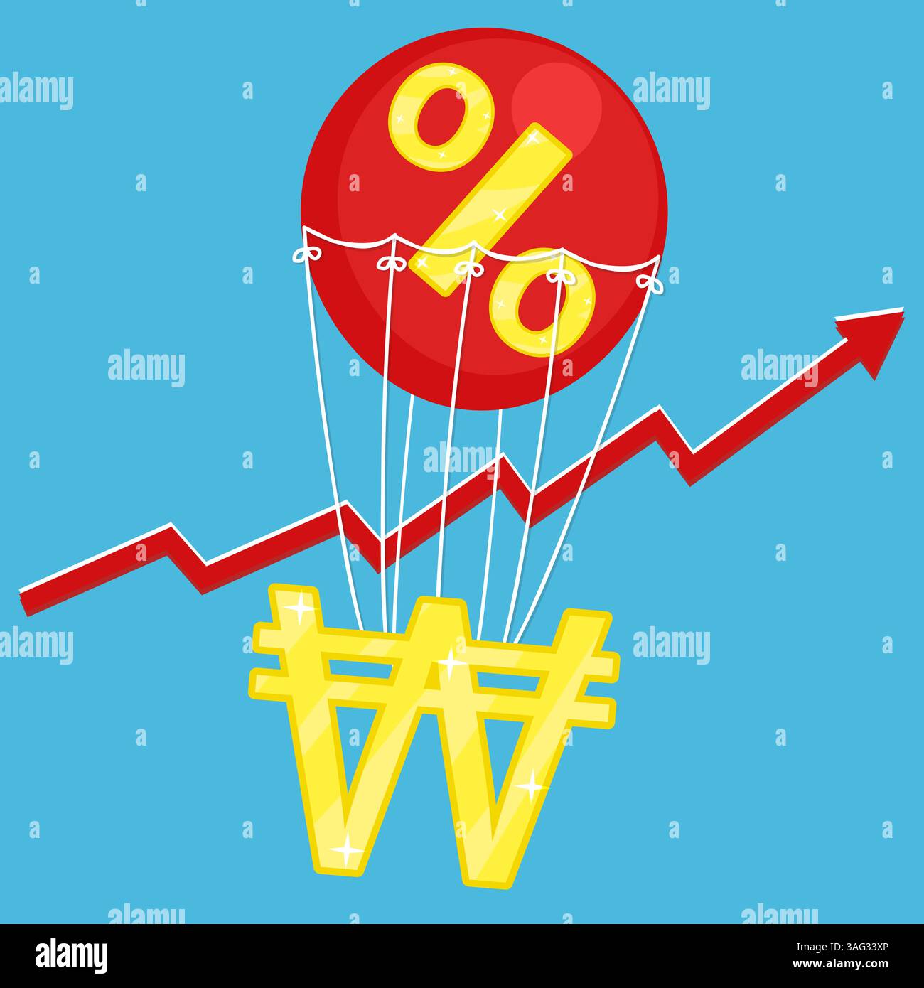Concept du coût de la vie. Illustration vectorielle de l'icône d'or gagné volant sur le ballon d'air rouge avec le signe de pourcentage sur le fond bleu avec la flèche rouge inflation ri Illustration de Vecteur