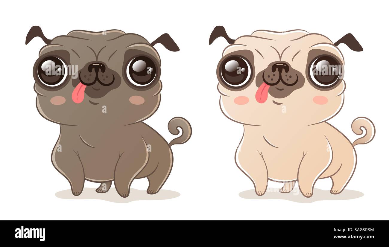 Vecteur Pug mignon dans le style kawaii. Illustration vectorielle d'un chien mignon sur fond isolé. Carpins noirs et beiges. Illustration de Vecteur
